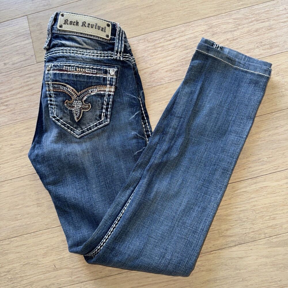 Women’s Rock Revival Charon Straight Jeans Size 26 Bling Distressed Embellish